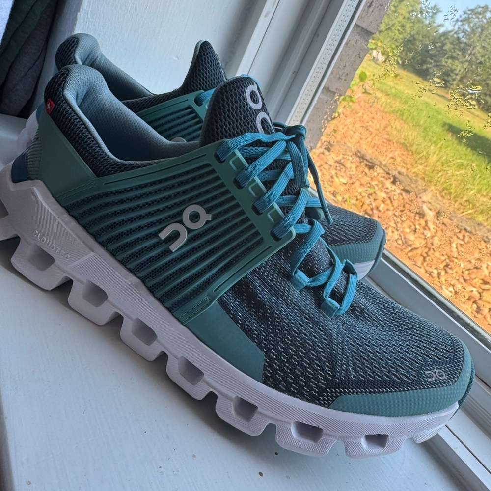 On Running Teal and White Sneakers
